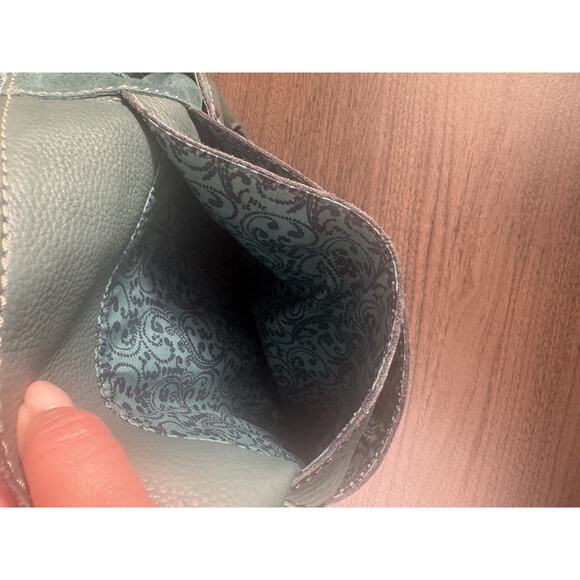 Fossil Green Leather & Orange suede crossbody bag. VTG boho fossil flap bag - Picture 6 of 14